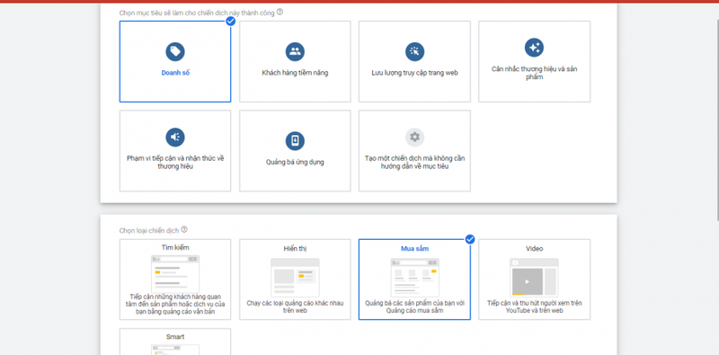 Chọn mục tiêu cho chiến dịch Google Shopping