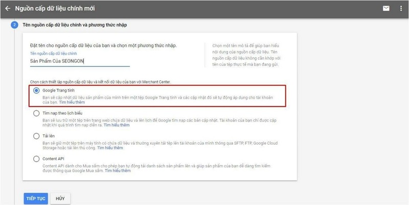 Thiết lập nguồn dữ liệu bằng Google trang tính