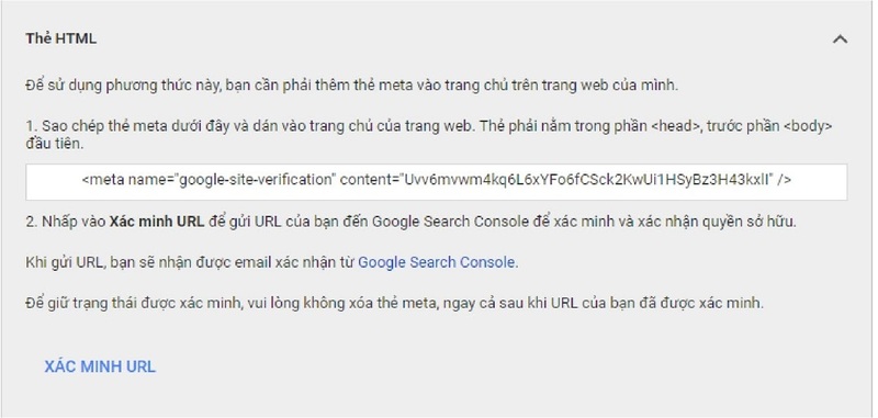 Lưu ý không xóa thẻ Meta sau khi đã xác minh