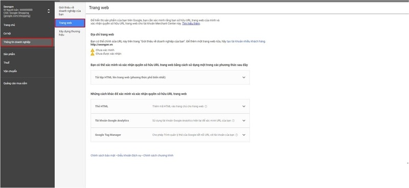 Xác minh Merchant Center