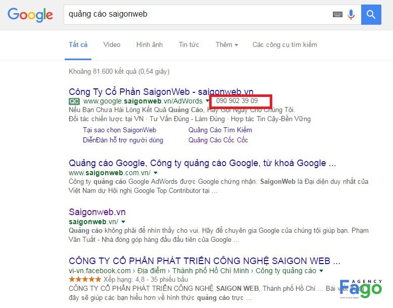 Ví dụ mẫu quảng cáo tiện ích mở rộng số điện thoại liên hệ