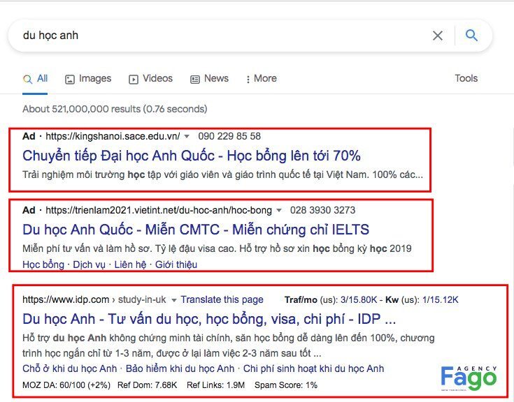 vị trí hiển thị quảng cáo Google Adwords