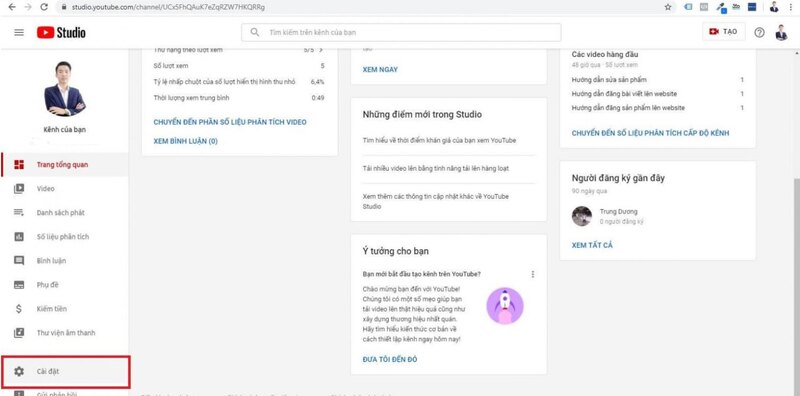 Tiếp theo các bạn nhấp vào kênh, sau đó bạn nhấp vào cài đặt nâng cao
