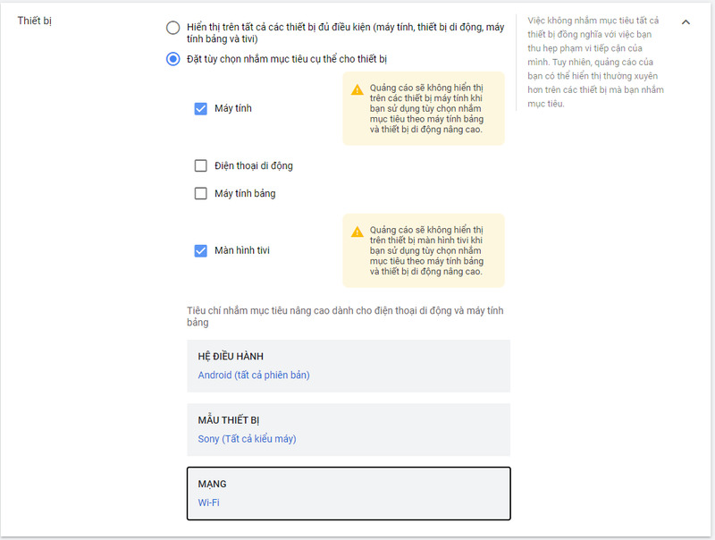 Chọn từng loại thiết bị cụ thể để hiển thị quảng cáo YouTube