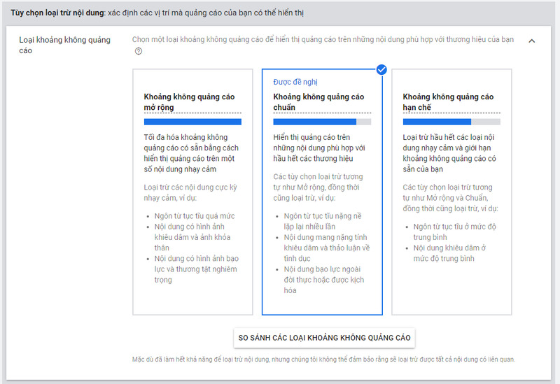 Nên lựa chọn mặc định chọn khoảng không quảng cáo chuẩn