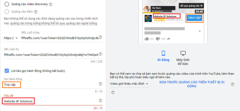 Nhập lời kêu gọi hành động và tiêu đề cho quảng cáo