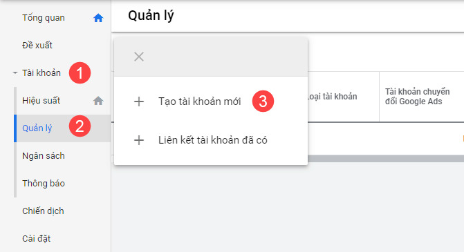 Tạo tài khoản con trong MCC