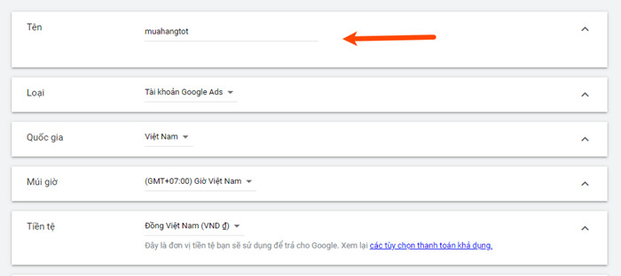 Điền các thông tin cho tài khoản con